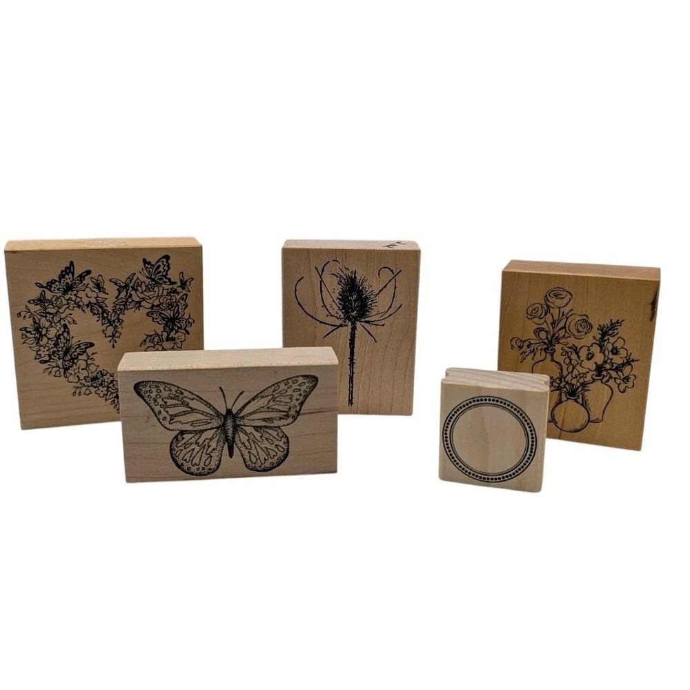 Wood Mounted Rubber Stamp Set Flowers And Butterfly Paper Craft‎ Five Piece SEE